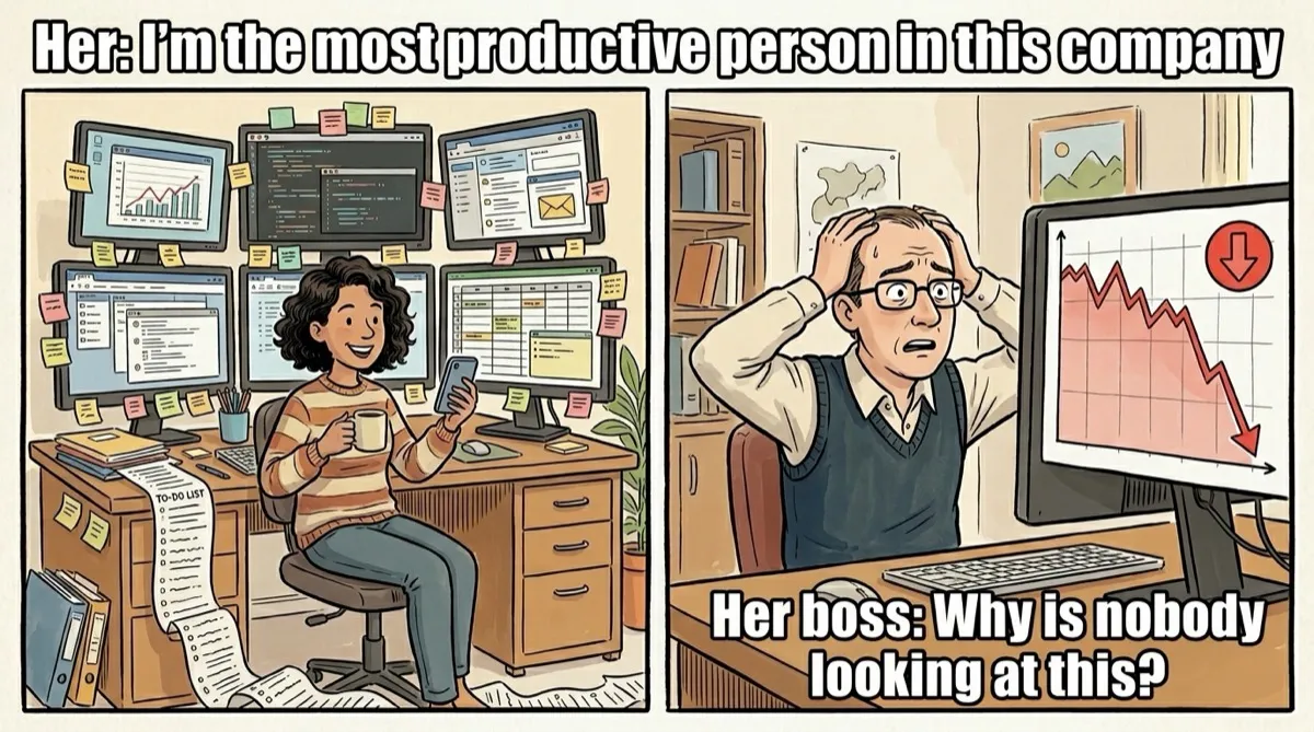 Two-panel comic in the style of the "she thinks / he thinks" meme. On the left, a smiling woman surrounded by screens, sticky notes and a to-do list that reaches the floor: "Her: I'm the most productive person in this company". On the right, her boss, hands on his head, stares at a red chart plummeting on his screen: "Her boss: Why is nobody looking at this?"