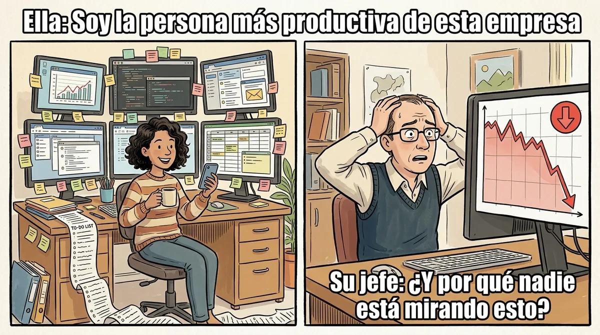Viñeta en dos partes, al estilo del meme «ella piensa / él piensa». A la izquierda, una mujer sonriente rodeada de pantallas, post-its y una lista de tareas que llega al suelo: «Ella: Soy la persona más productiva de esta empresa». A la derecha, su jefe, con las manos en la cabeza, mira en su pantalla un gráfico rojo que cae en picado: «Su jefe: ¿Y por qué nadie está mirando esto?».