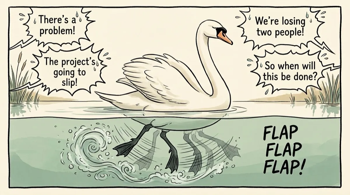 A swan glides calmly while problems pop up all around it ("There's a problem!", "The project's going to slip!", "We're losing two people!", "So when will this be done?"). Under the water, its feet are paddling flat out: "FLAP FLAP FLAP!"
