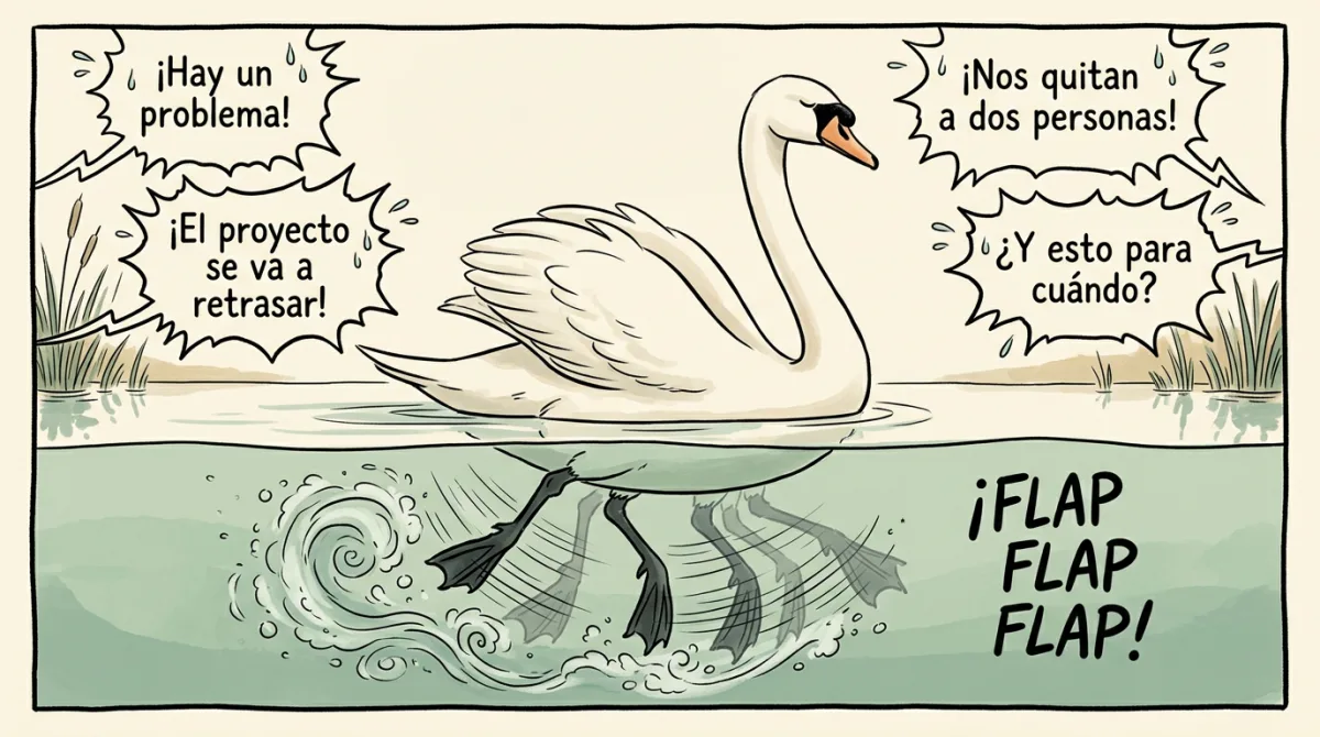 Un cisne nada tranquilo mientras a su alrededor saltan los problemas («¡Hay un problema!», «¡El proyecto se va a retrasar!», «¡Nos quitan a dos personas!», «¿Y esto para cuándo?»). Bajo el agua, las patas se mueven a toda velocidad: ¡flap, flap, flap!