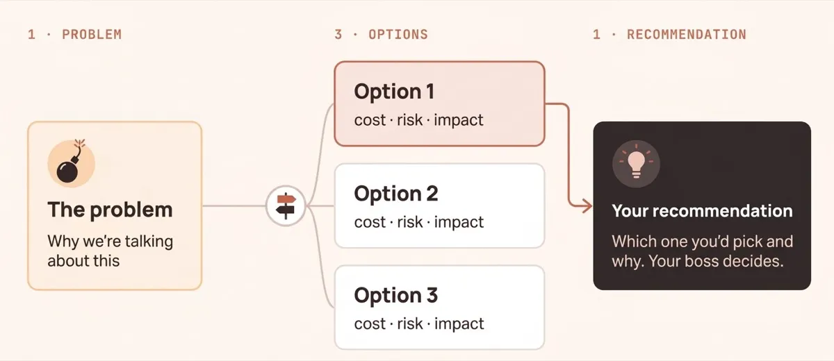 Diagram of the 1-3-1: "The problem" ("Why we're talking about this") branches into Option 1, Option 2 and Option 3, each with "cost · risk · impact", and an arrow runs from Option 1 to "Your recommendation": "Which one you'd pick and why. Your boss decides."