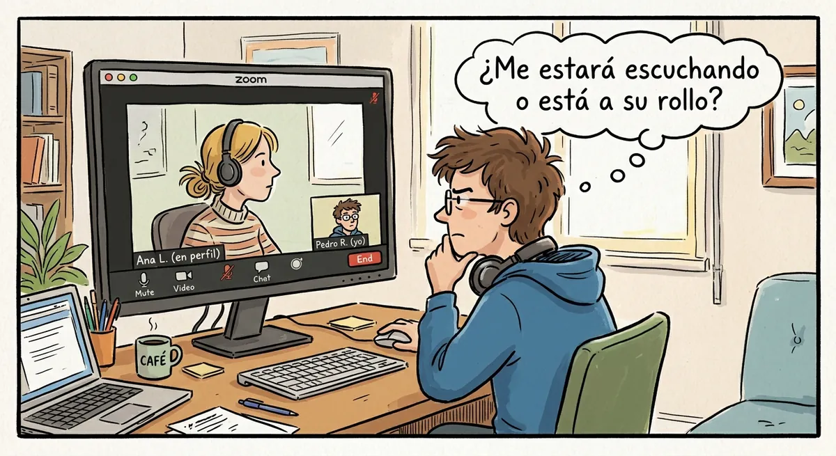 Viñeta: en una videollamada, Ana sale de perfil en la pantalla, mirando hacia otro lado, y Pedro, al otro lado, piensa «¿Me estará escuchando o está a su rollo?».