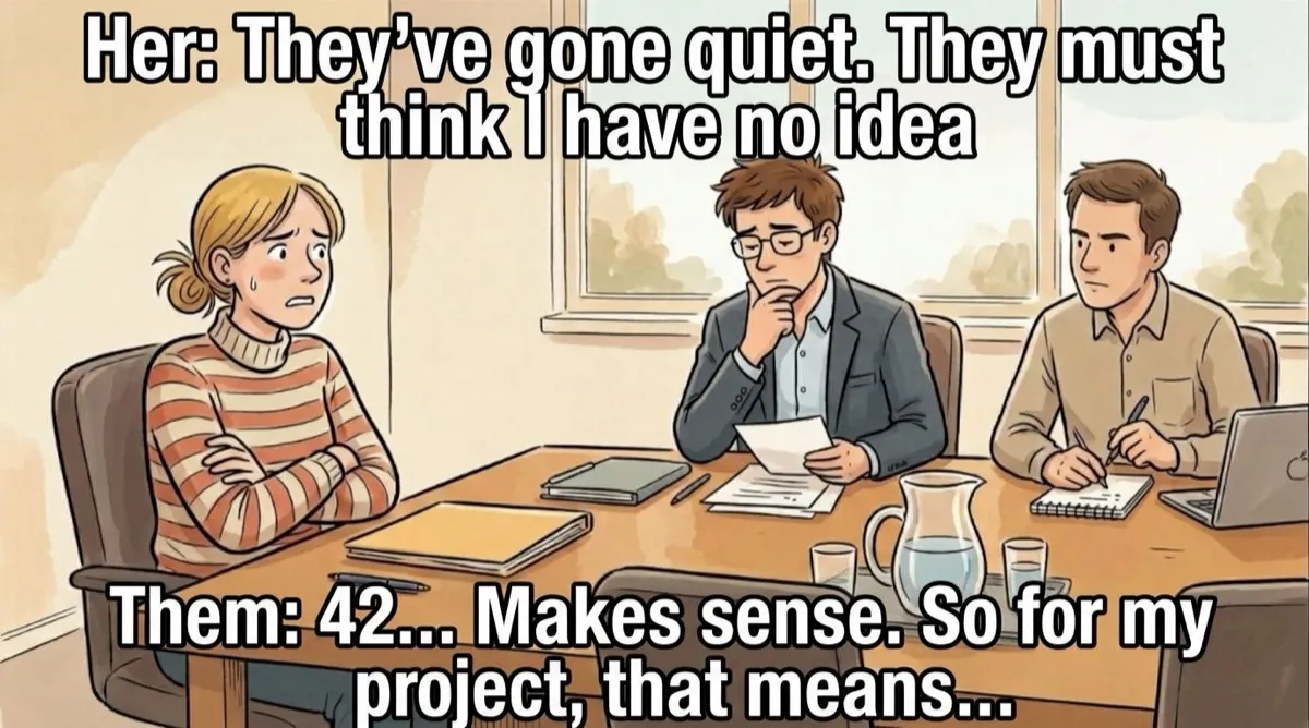 Comic panel in the style of the "she thinks / he thinks" meme: in a meeting, she has just spoken and looks worried. At the top: "Her: They've gone quiet. They must think I have no idea". At the bottom, her two colleagues, deep in thought: "Them: 42... Makes sense. So for my project, that means..."