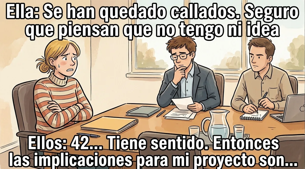 Viñeta al estilo del meme «ella piensa / él piensa»: en una reunión, ella acaba de hablar y se ha quedado preocupada. Arriba: «Ella: Se han quedado callados. Seguro que piensan que no tengo ni idea». Abajo, sus dos compañeros, pensativos: «Ellos: 42… Tiene sentido. Entonces las implicaciones para mi proyecto son…».