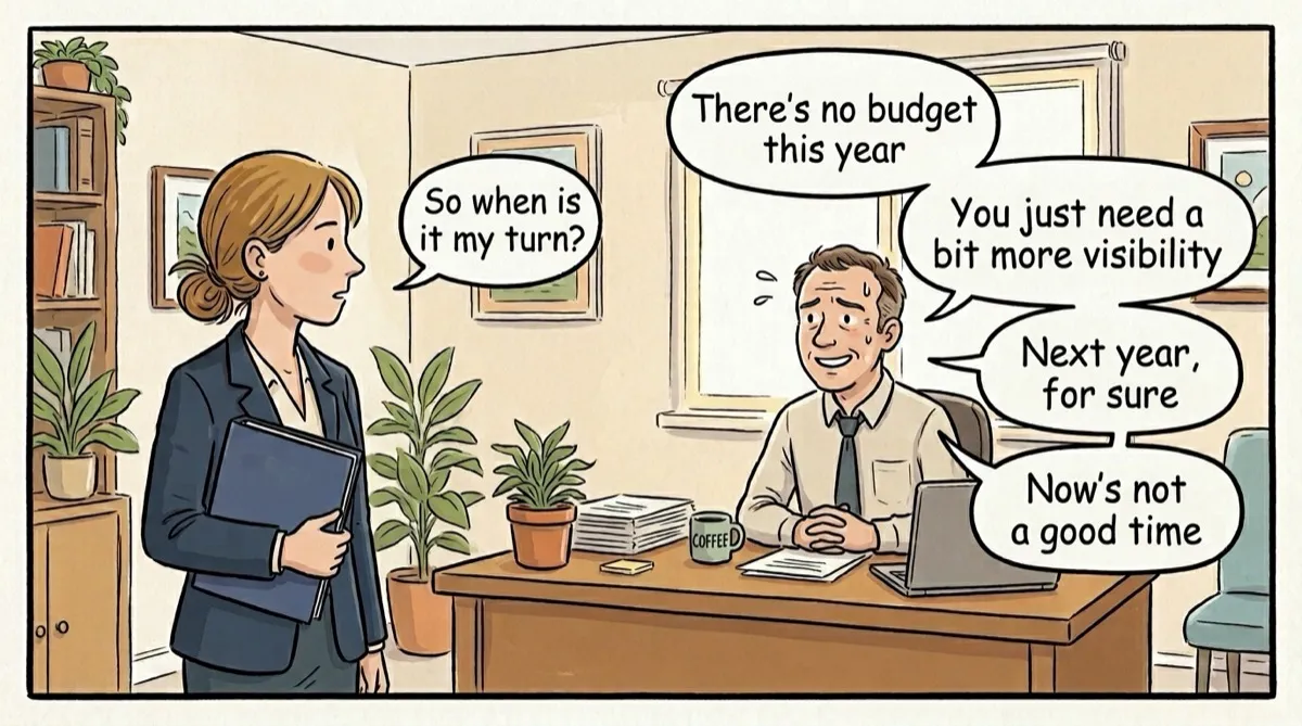 Comic panel: in an office, a woman with a folder under her arm asks her manager "So when is it my turn?". He sits behind his desk, smiling awkwardly and sweating, surrounded by speech bubbles: "There's no budget this year", "You just need a bit more visibility", "Next year, for sure", "Now's not a good time".