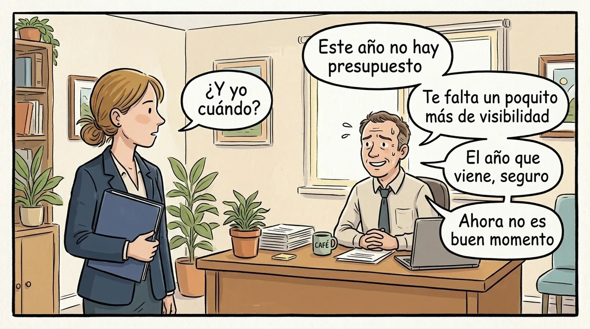 Viñeta. En un despacho, una mujer con una carpeta bajo el brazo le pregunta a su jefe: «¿Y yo cuándo?». Él, sentado tras su mesa, sonríe incómodo y sudando, rodeado de bocadillos: «Este año no hay presupuesto», «Te falta un poquito más de visibilidad», «El año que viene, seguro», «Ahora no es buen momento».