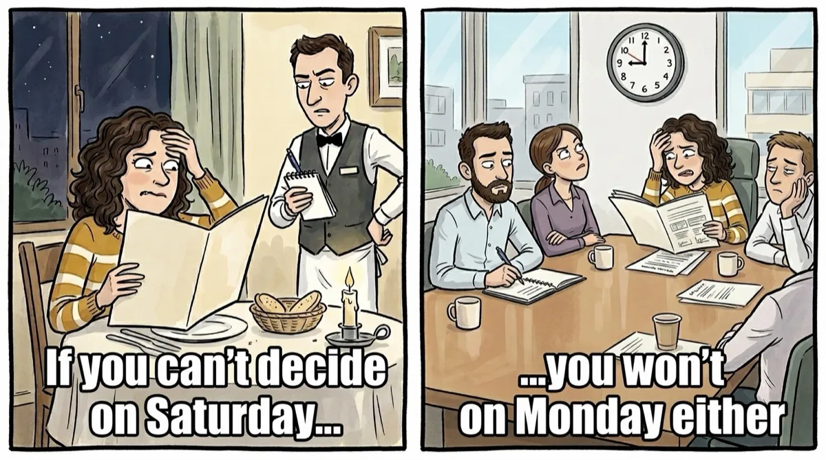 Two-panel comic. On the left, in a restaurant at night, a woman holding an open menu puts her hand to her forehead, unable to decide, while the waiter waits with his notepad, looking impatient: "If you can't decide on Saturday...". On the right, the same woman in a meeting room, with a document open and the same face, while three colleagues wait for her answer under the wall clock: "...you won't on Monday either".