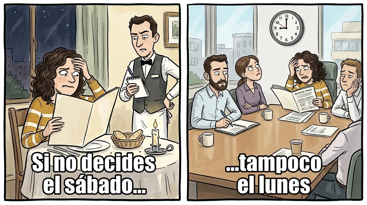 Viñeta en dos partes. A la izquierda, en un restaurante de noche, una mujer con una carta abierta se lleva la mano a la frente sin decidirse, mientras el camarero espera con la libreta y cara de impaciencia: «Si no decides el sábado…». A la derecha, la misma mujer en una sala de reuniones, con un documento abierto y la misma cara, mientras tres compañeros esperan su respuesta mirando el reloj: «…tampoco el lunes».