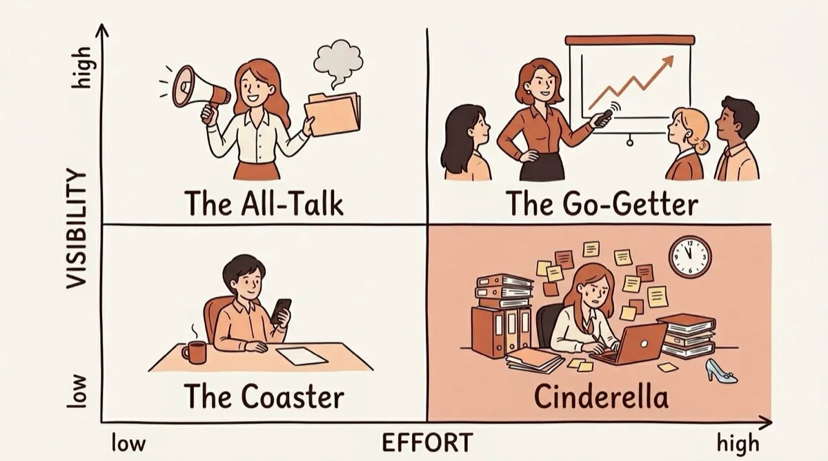 Illustrated matrix with two axes: EFFORT (from low to high) and VISIBILITY (from low to high). Top left, "The All-Talk": a smiling woman holding a megaphone and an empty folder with a puff of smoke coming out of it. Top right, "The Go-Getter": a woman presents a rising chart to attentive colleagues. Bottom left, "The Coaster": someone relaxed at an almost empty desk with a coffee and their phone. Bottom right, highlighted, "Cinderella": a woman works surrounded by binders and sticky notes, the clock nearly at twelve and a glass slipper next to her chair.