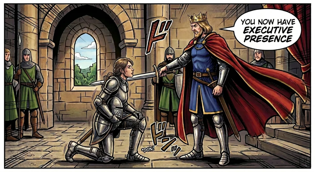 Comic panel: in a castle hall, a king with a crown and a red cape touches the shoulder of a kneeling woman in armour with his sword and says "Now you have executive presence."