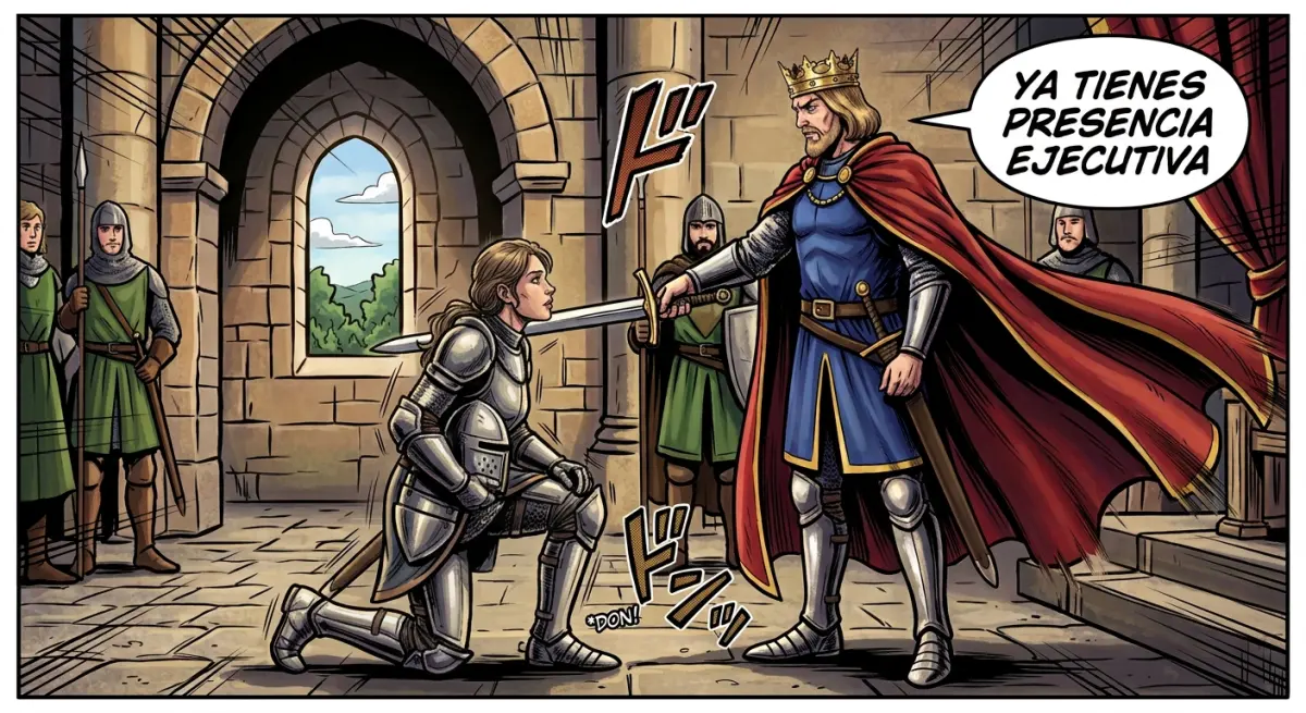 Viñeta de cómic: en la sala de un castillo, un rey con corona y capa roja toca con la espada el hombro de una mujer con armadura, arrodillada, y le dice «Ya tienes presencia ejecutiva».